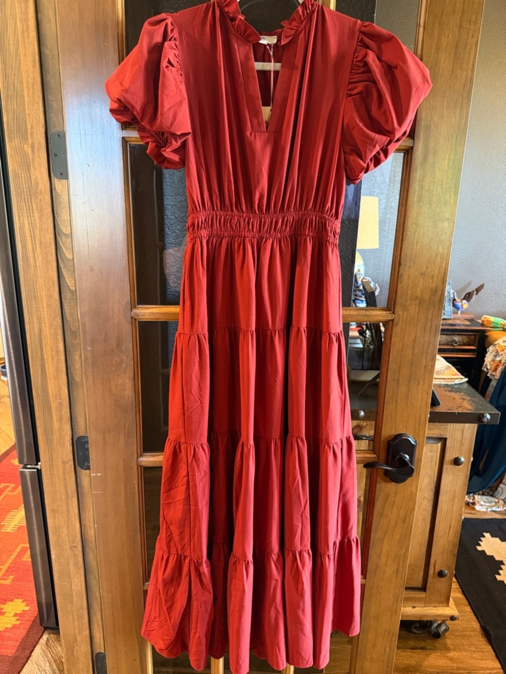 Women's Rust Puff-Sleeve Tiered Maxi Dress